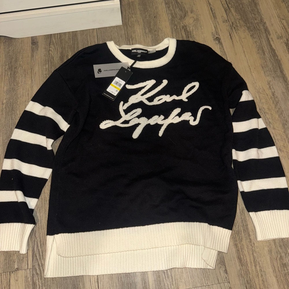 Karl Lagerfeld Black & White Striped Sleeve Crewneck Sweater BRAND NEW